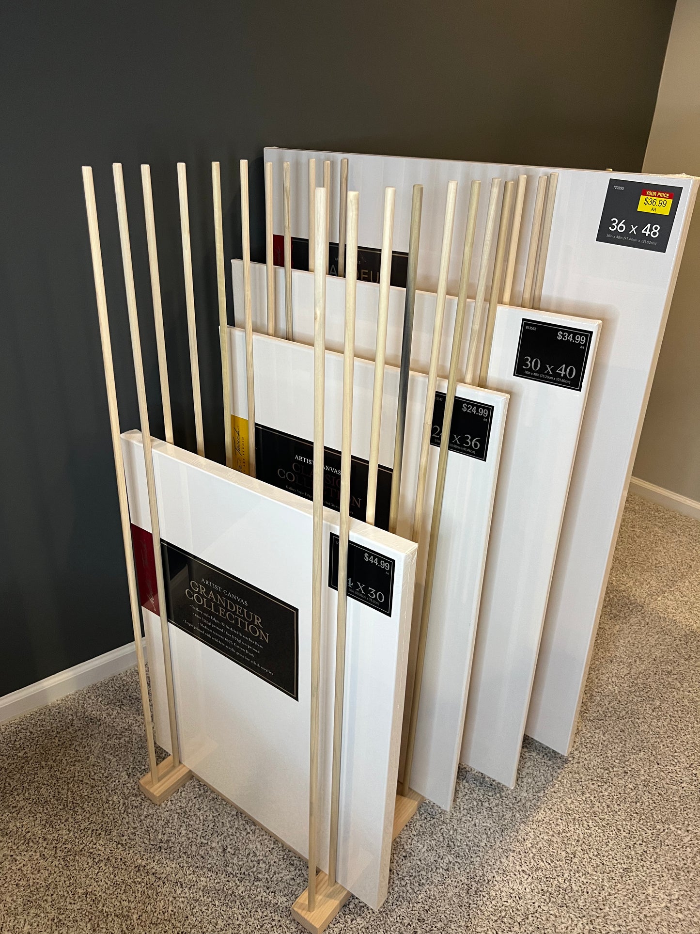 Large Canvas Art Storage Rack - 36" long x 20”wide with 48" tall dowels - up to 48” Canvas