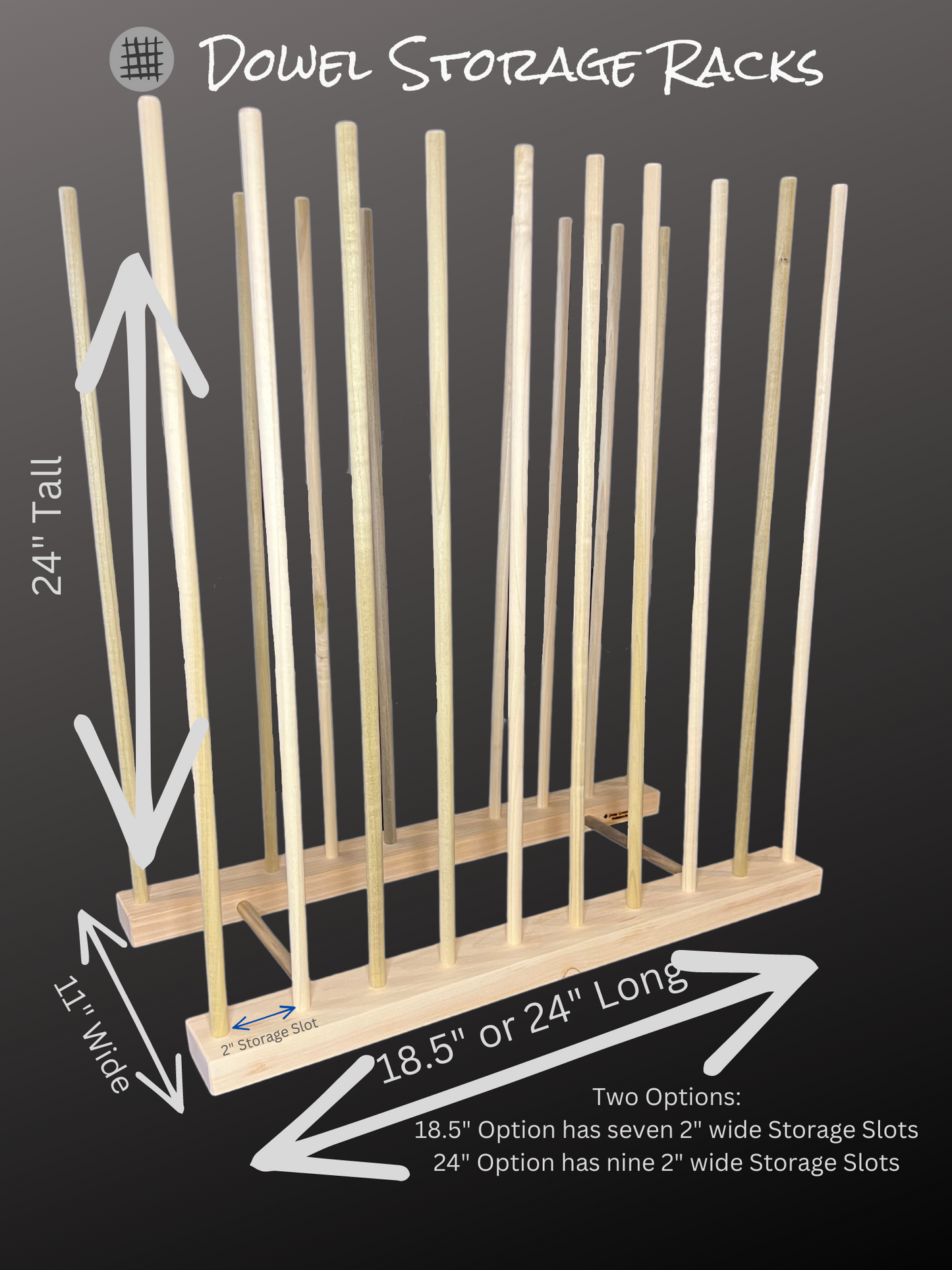 Art Storage Rack with 24” Tall Dowels - Optional Locking Caster Wheels - For Framed Art, Picture Frame, Canvas Pictures, Paintings