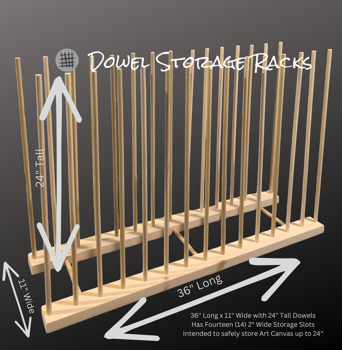 Art Storage Rack - 36" Long x 11" Wide with 24" Tall Dowels - For Framed Art, Picture Frame, Canvas Pictures, Paintings