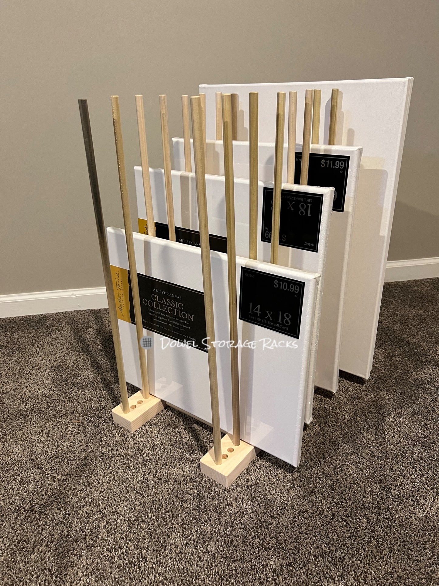 Adjustable Art Storage Rack - 24” long x 11” wide with 24” tall dowels - Art Canvas Storage