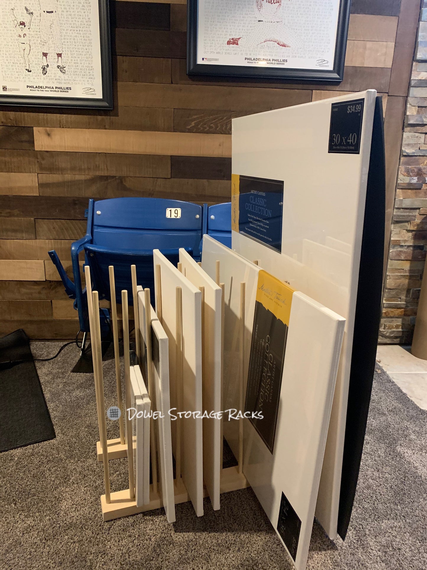 Art Storage Rack with 24” Tall Dowels - Optional Locking Caster Wheels - For Framed Art, Picture Frame, Canvas Pictures, Paintings