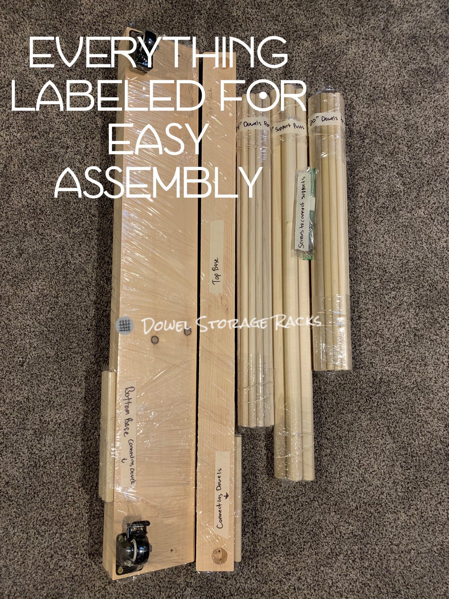 Two Tier Art Storage Cart With Swivel Caster Wheels- 36" long with 30" tall dowels on bottom - 18" dowels on top