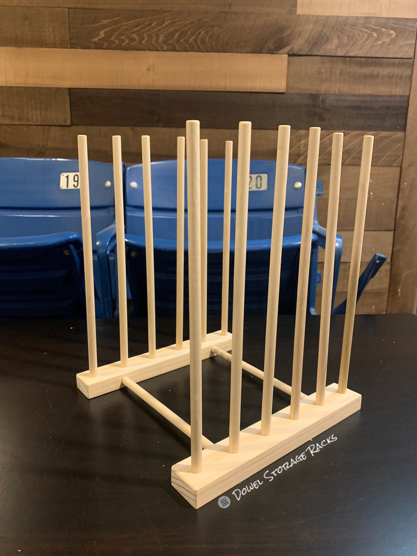 Small Wooden Dowel Storage Rack - 9.75” long by 10” wide with 12” dowels