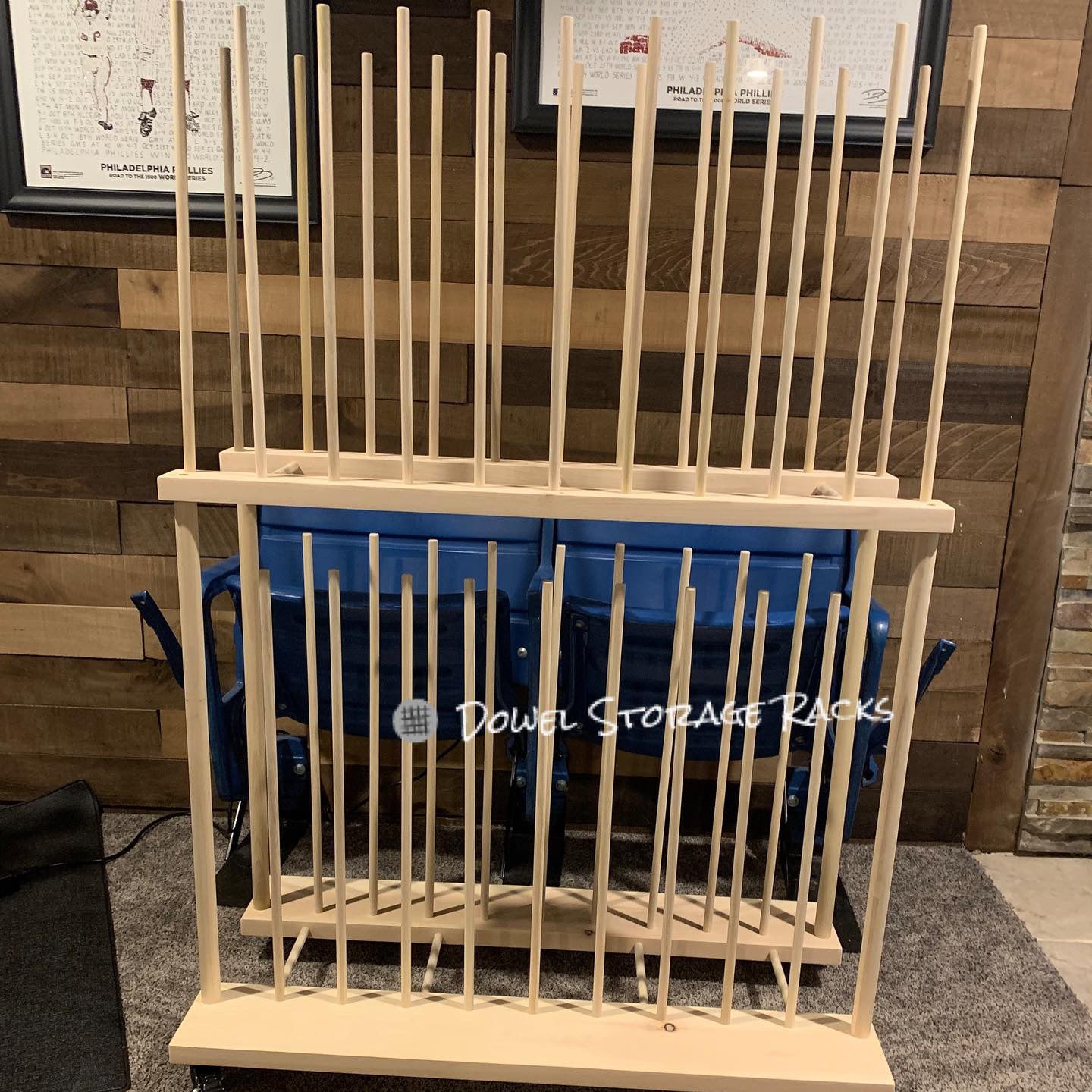 Two Tier Art Storage Cart With Swivel Caster Wheels- 36" long with 24" tall dowels on bottom - 20" dowels on top