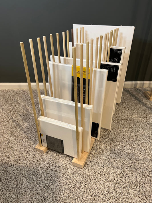 Art Storage Rack - 36" Long x 11" Wide with 24" Tall Dowels - For Framed Art, Picture Frame, Canvas Pictures, Paintings