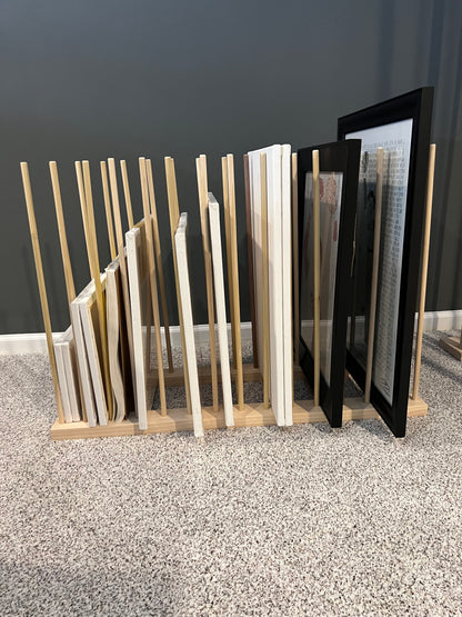 Art Storage Rack - 36" Long x 11" Wide with 24" Tall Dowels - For Framed Art, Picture Frame, Canvas Pictures, Paintings