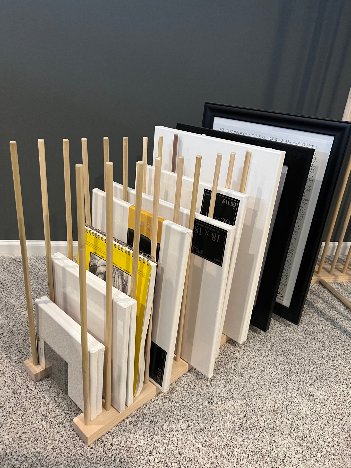 Art Storage Rack - 36" Long x 11" Wide with 24" Tall Dowels - For Framed Art, Picture Frame, Canvas Pictures, Paintings