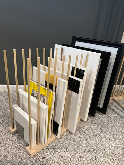 Art Storage Rack - 36" Long x 11" Wide with 24" Tall Dowels - For Framed Art, Picture Frame, Canvas Pictures, Paintings