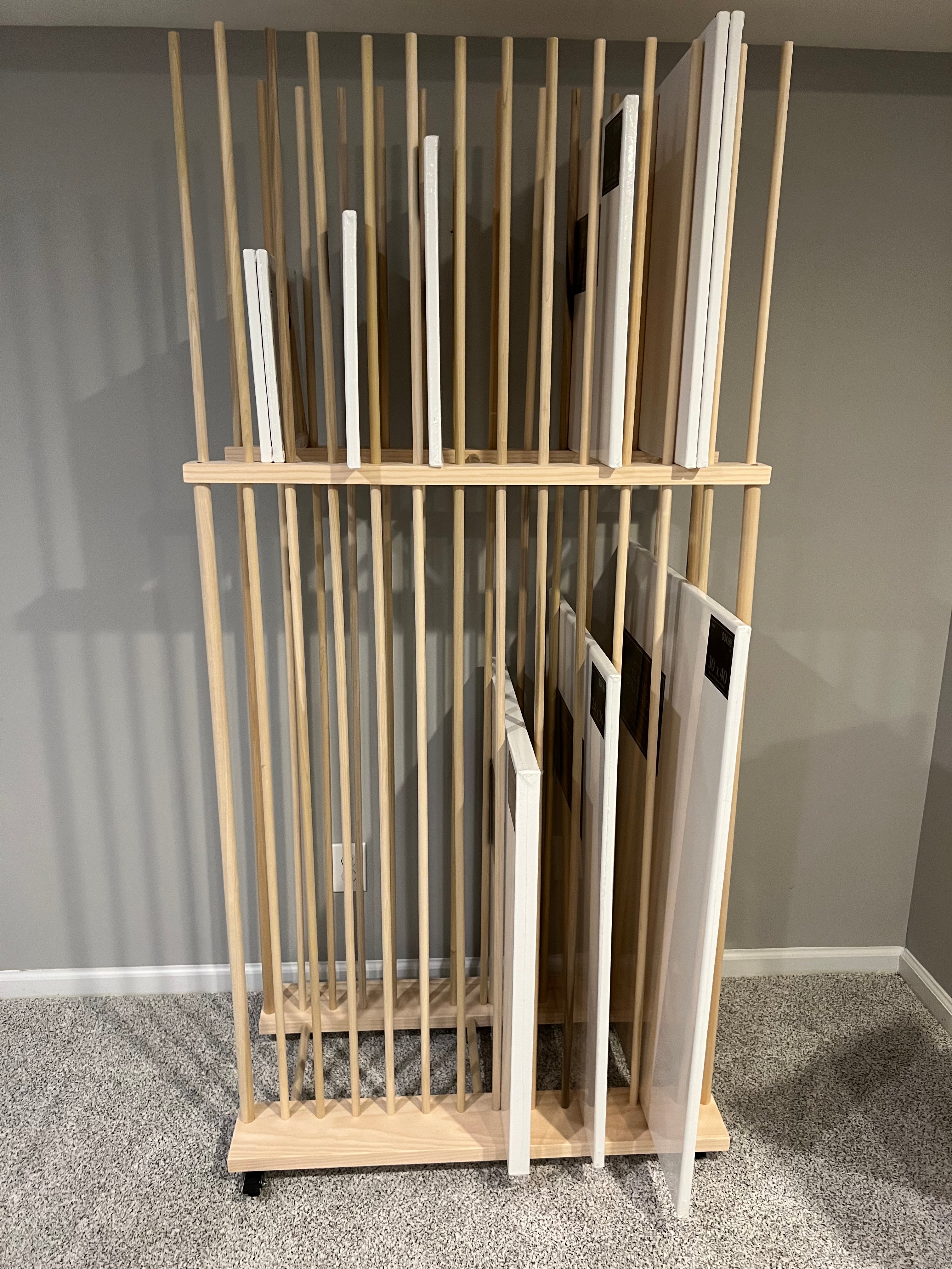 Adjustable Art Storage Rack - 24” long x 11” wide with 24” tall dowels -  Art Canvas Storage