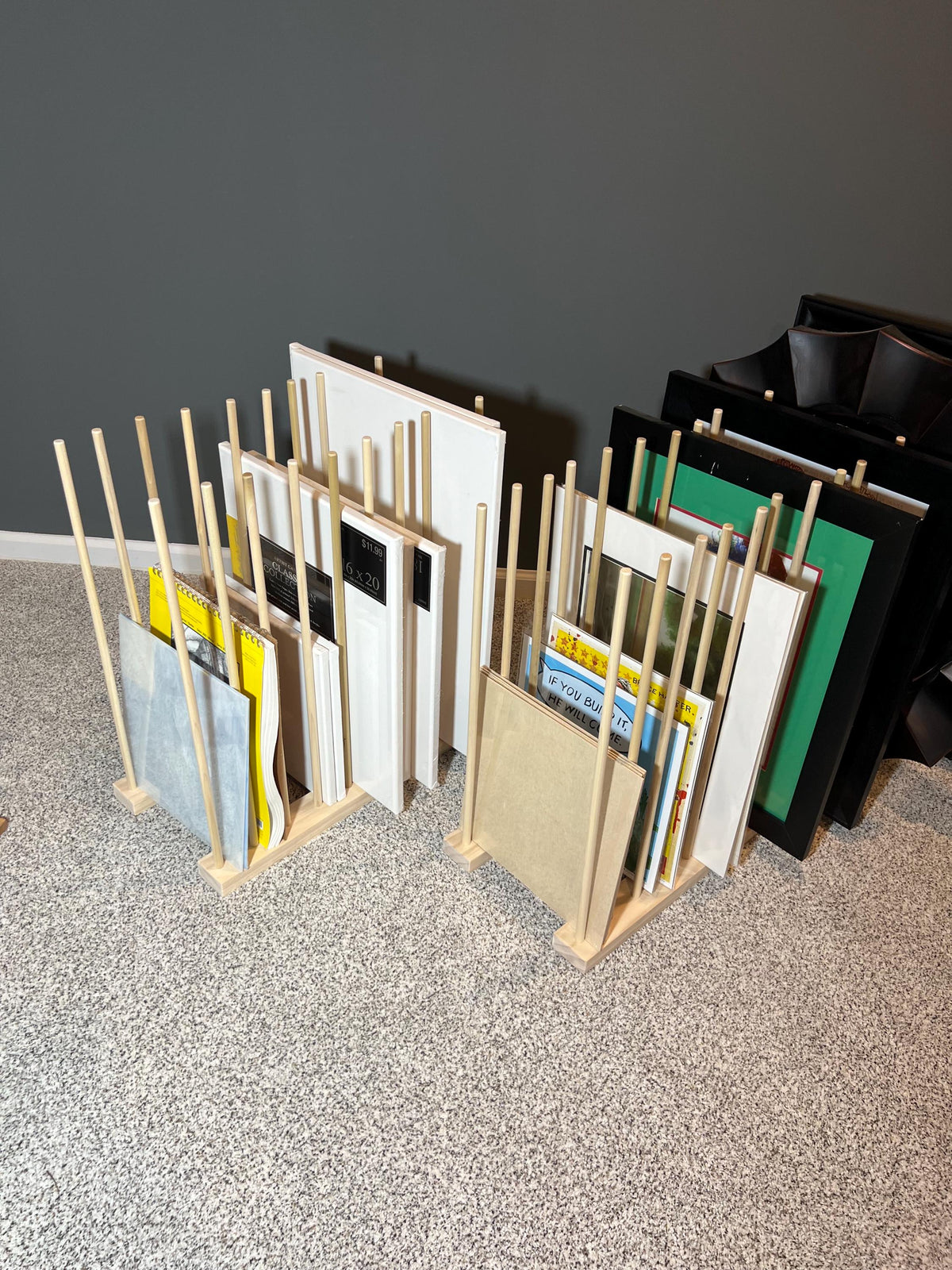 Handmade Wood Art Storage Rack: Canvas, Picture Frame Organizer - Optional Wheels