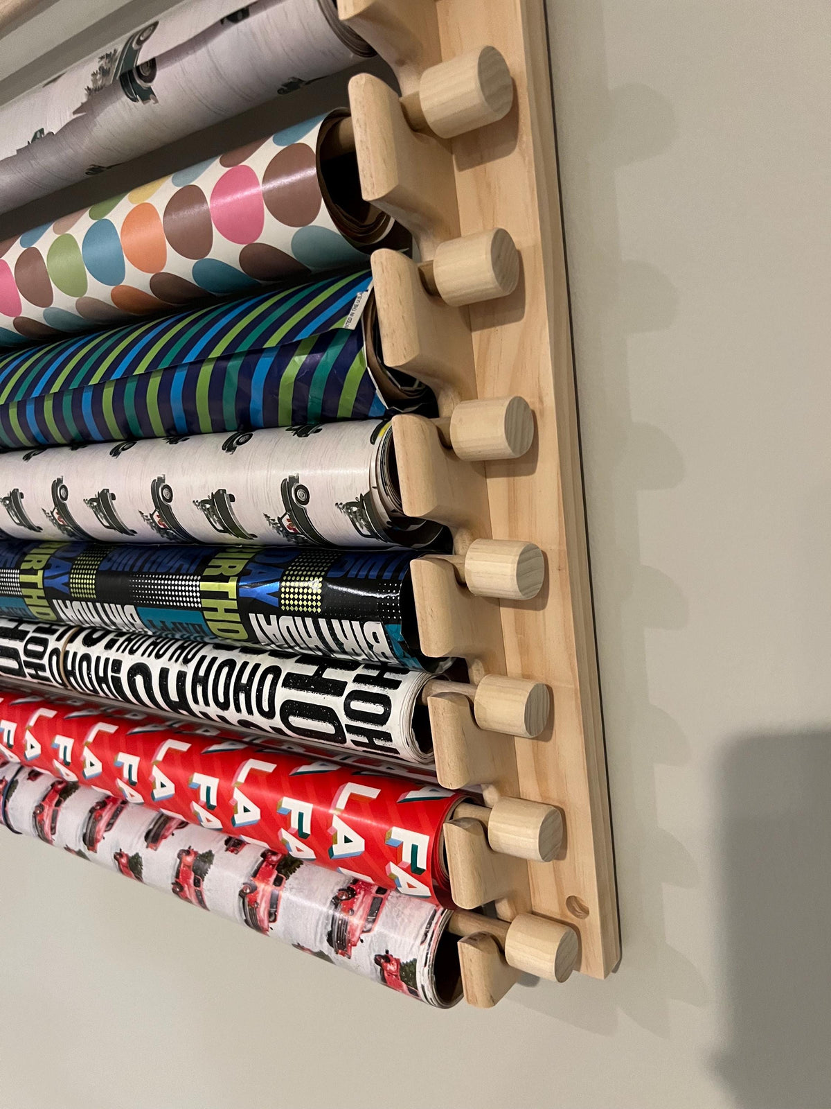 Handmade Wrapping Paper Roll Storage Rack - Easy Front Load Design - Holds 10 rolls