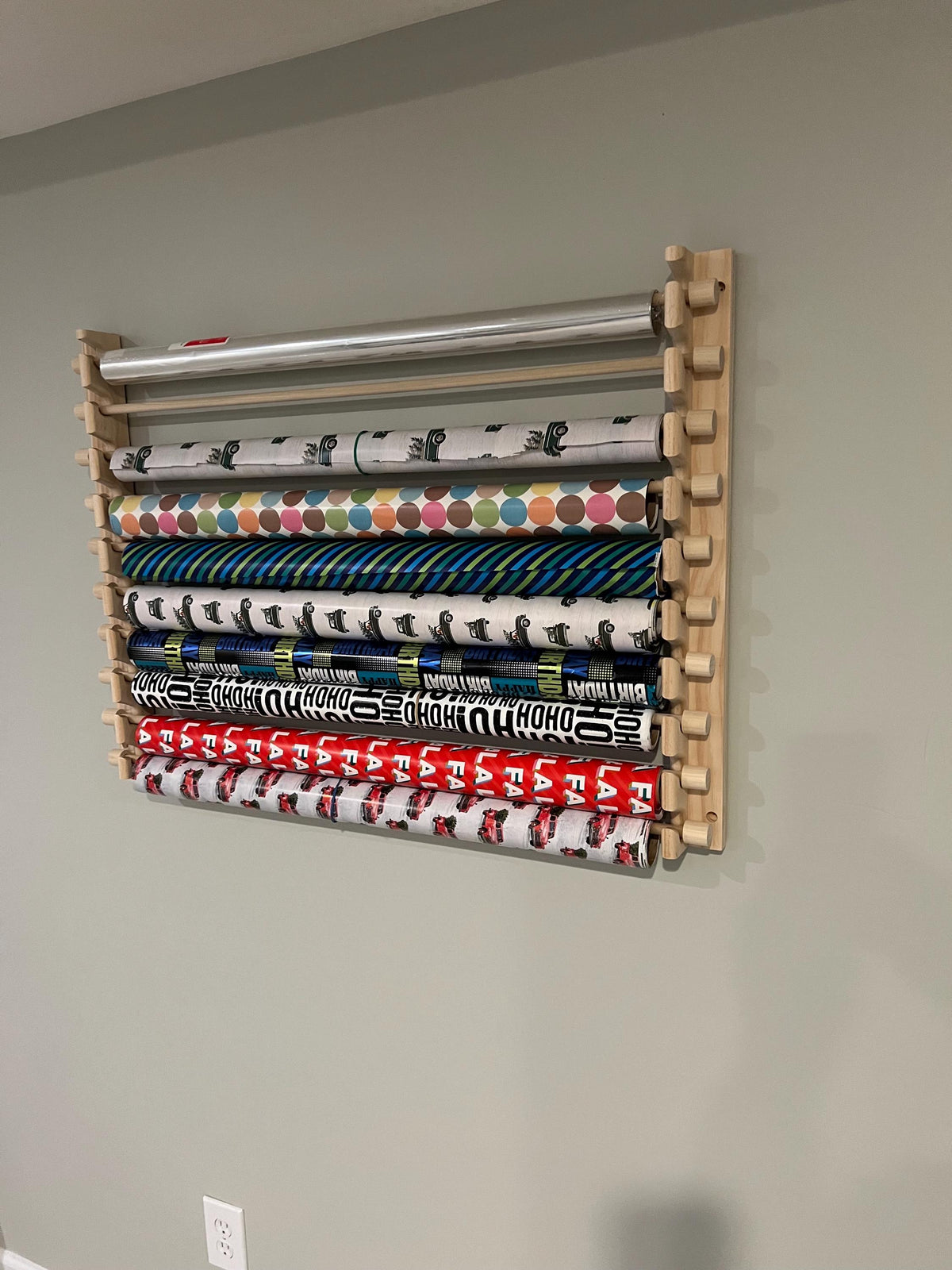 Handmade Wrapping Paper Roll Storage Rack - Easy Front Load Design - Holds 10 rolls