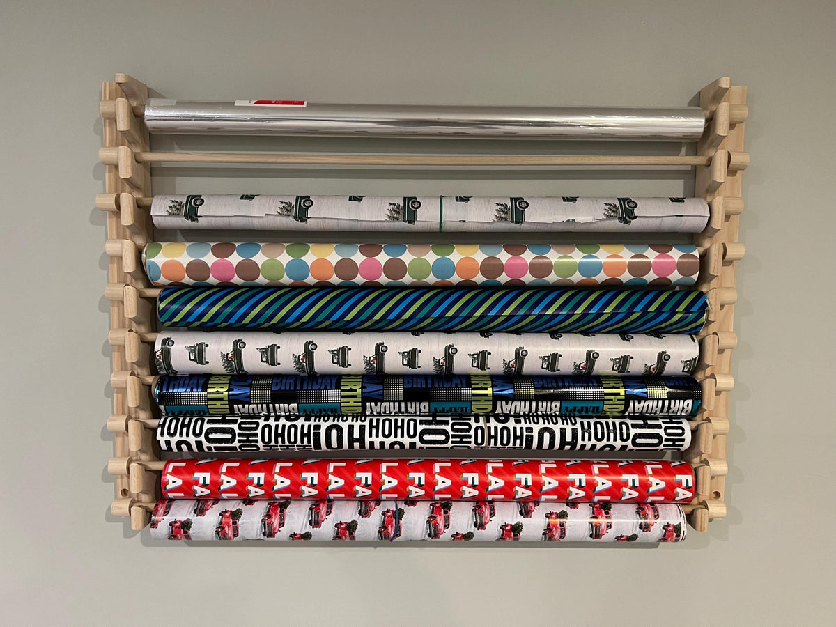 Handmade Wrapping Paper Roll Storage Rack - Easy Front Load Design - Holds 10 rolls