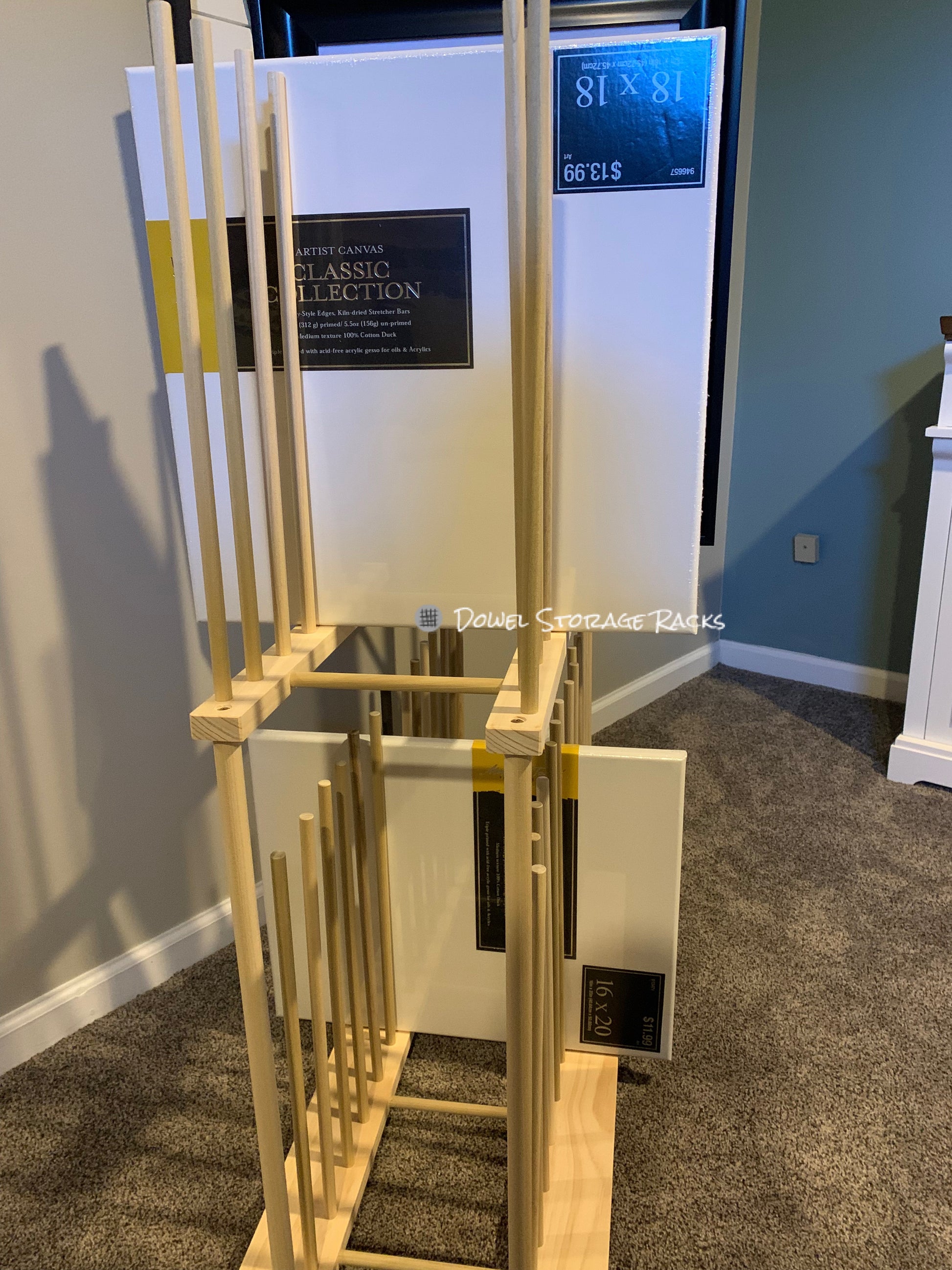 Art Storage Rack with 24” Tall Dowels - Optional Locking Caster Wheels -  For Framed Art, Picture Frame, Canvas Pictures, Paintings